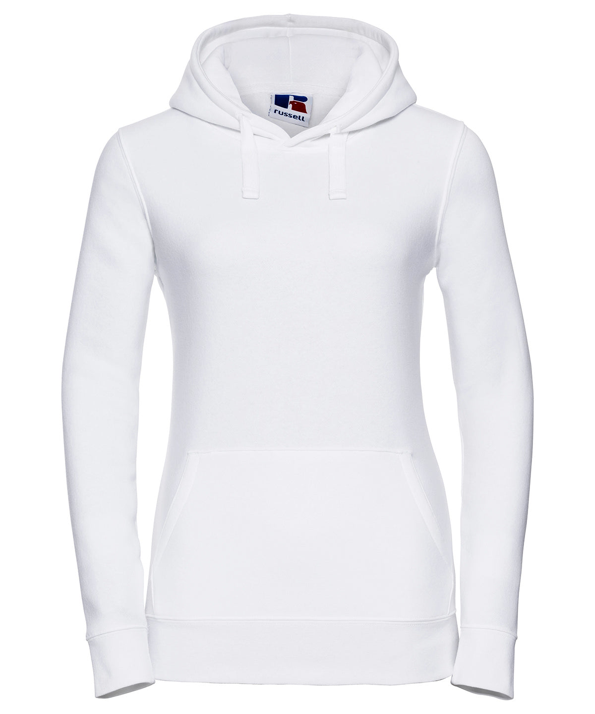 Tryck din logga på Hoodies från Russell Europe - Anpassa Äkta sweatshirt med huva för damer i färgen Vit för företag, föreningar och privatpersoner