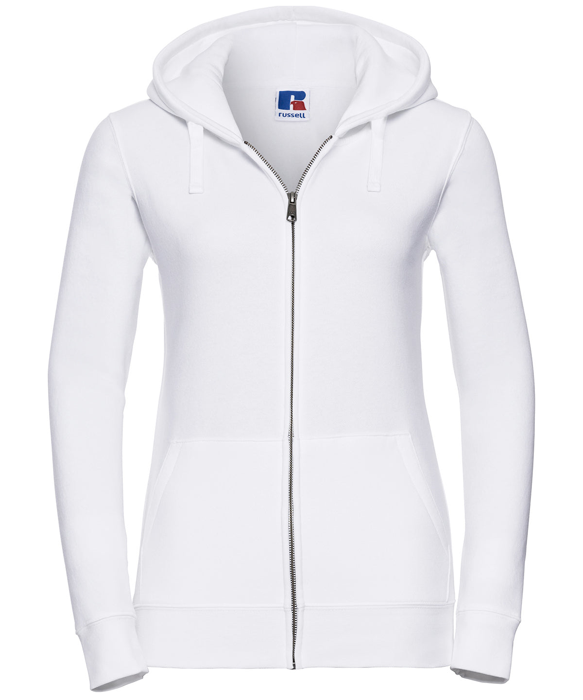 Tryck din logga på Hoodies från Russell Europe - Anpassa Äkta sweatshirt med huva och dragkedja för damer i färgen Vit för företag, föreningar och privatpersoner