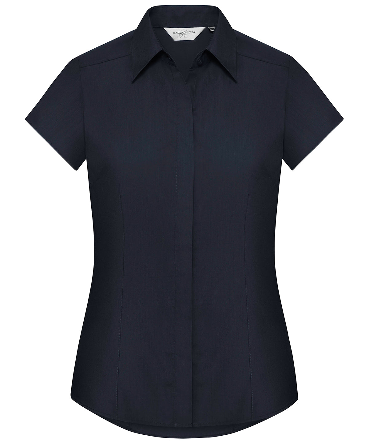 Tryck din logga på Skjortor från Russell Collection - Anpassa Damskjorta i polycotton easycare figursydd poplin med cap sleeve i färgen Marinblå för företag, föreningar och privatpersoner