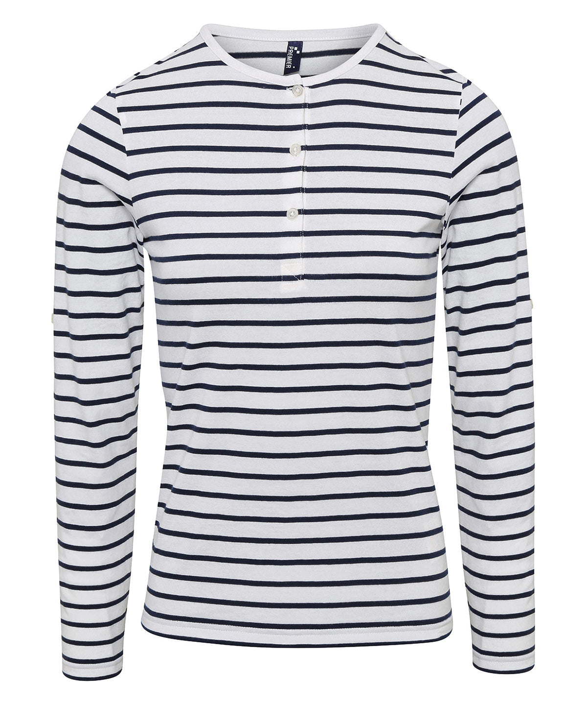 Tryck din logga på T-shirts från Premier - Anpassa Dam Lång John t-shirt med rullärm i färgen Randigt för företag, föreningar och privatpersoner