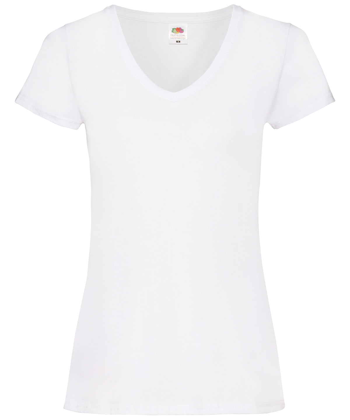 Tryck din logga på T-shirts från Fruit of the Loom - Anpassa Dam V-ringad hals med värdefull vikt T i färgen Vit för företag, föreningar och privatpersoner