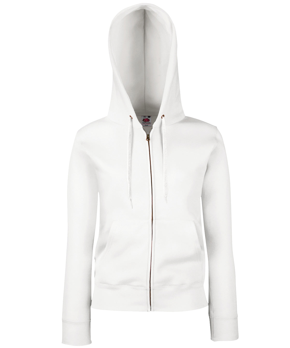 Tryck din logga på Hoodies från Fruit of the Loom - Anpassa Premium 70/30 sweatshirt tröja med huva för damer i färgen Vit för företag, föreningar och privatpersoner
