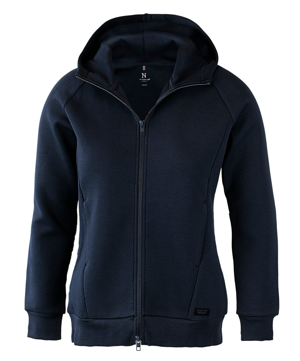 Tryck din logga på Hoodies från Nimbus - Anpassa Dam Hampton premium dubbelvikt huvtröja i färgen Marinblå för företag, föreningar och privatpersoner