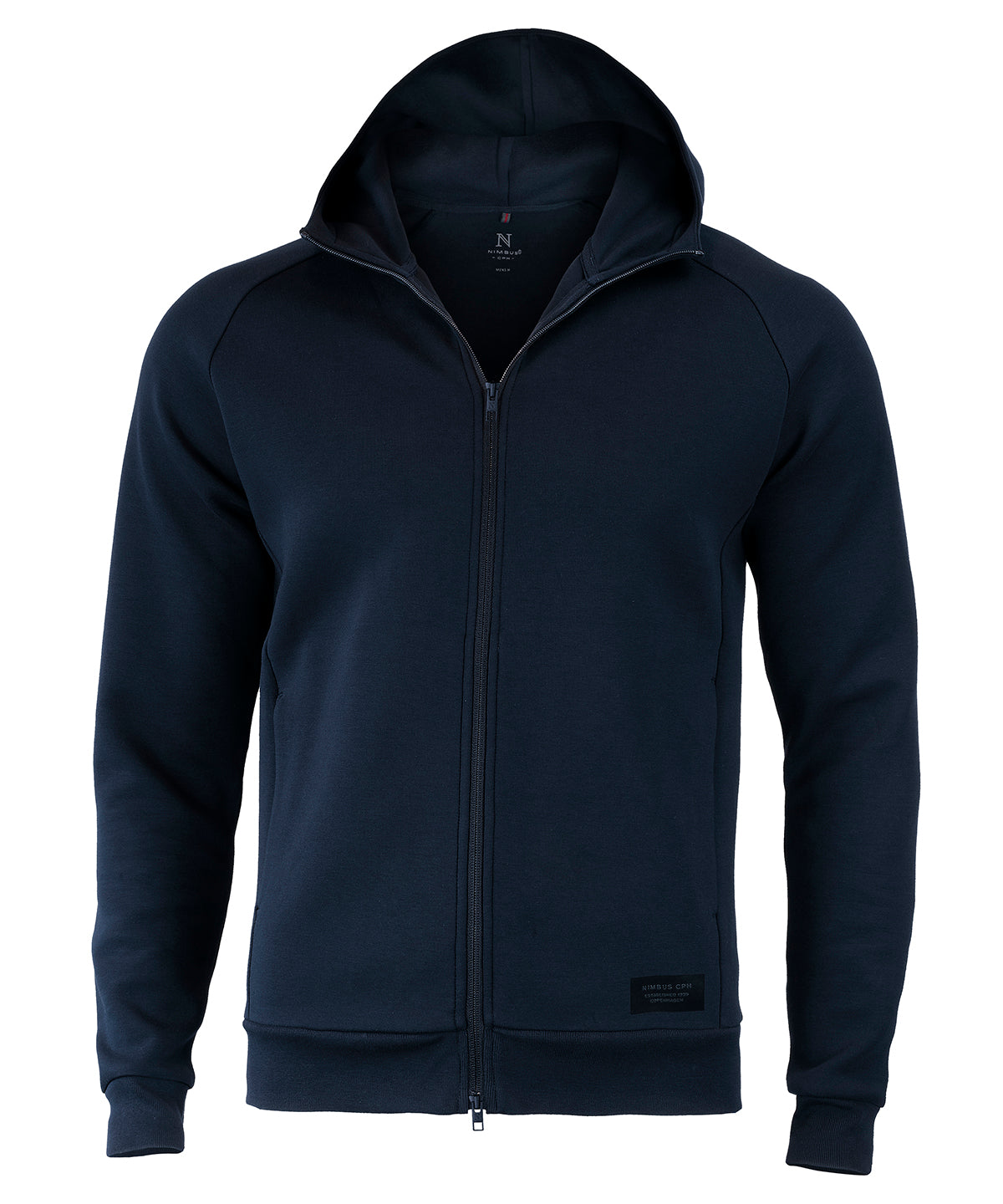 Tryck din logga på Hoodies från Nimbus - Anpassa Hampton premium dubbelvikt huvtröja i färgen Marinblå för företag, föreningar och privatpersoner