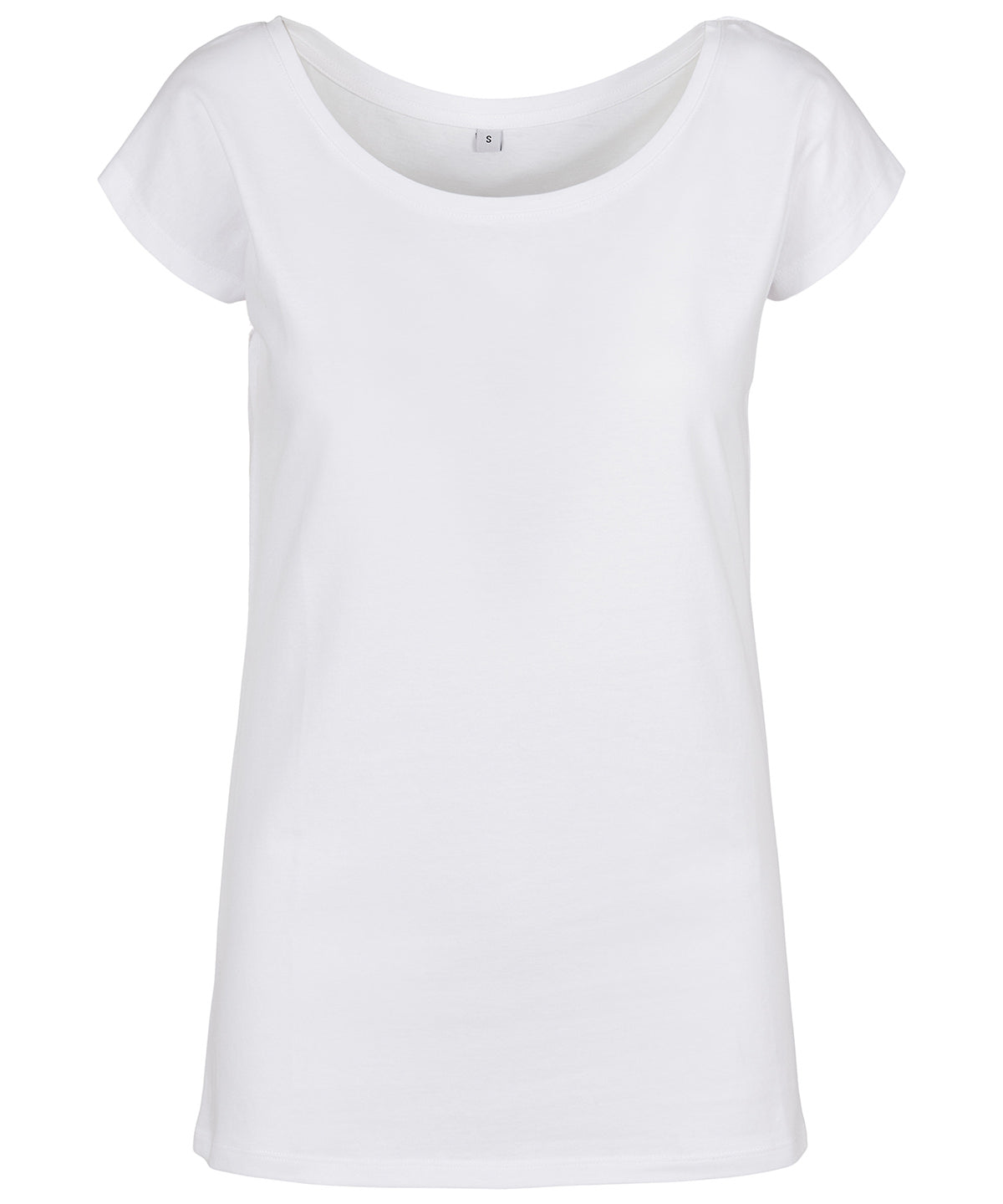 Tryck din logga på T-shirts från Build Your Brand Basic - Anpassa T-shirt med vid hals för damer i färgen Vit för företag, föreningar och privatpersoner