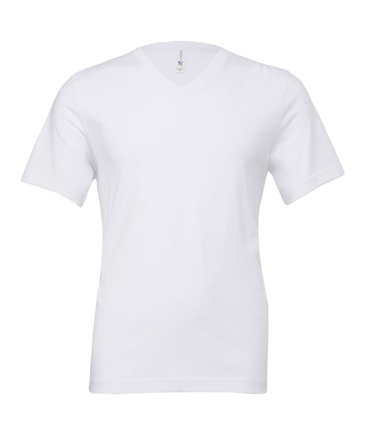 Tryck din logga på T-shirts från Bella Canvas - Anpassa T-shirt i jersey med v-ringad hals, unisex i färgen Vit för företag, föreningar och privatpersoner