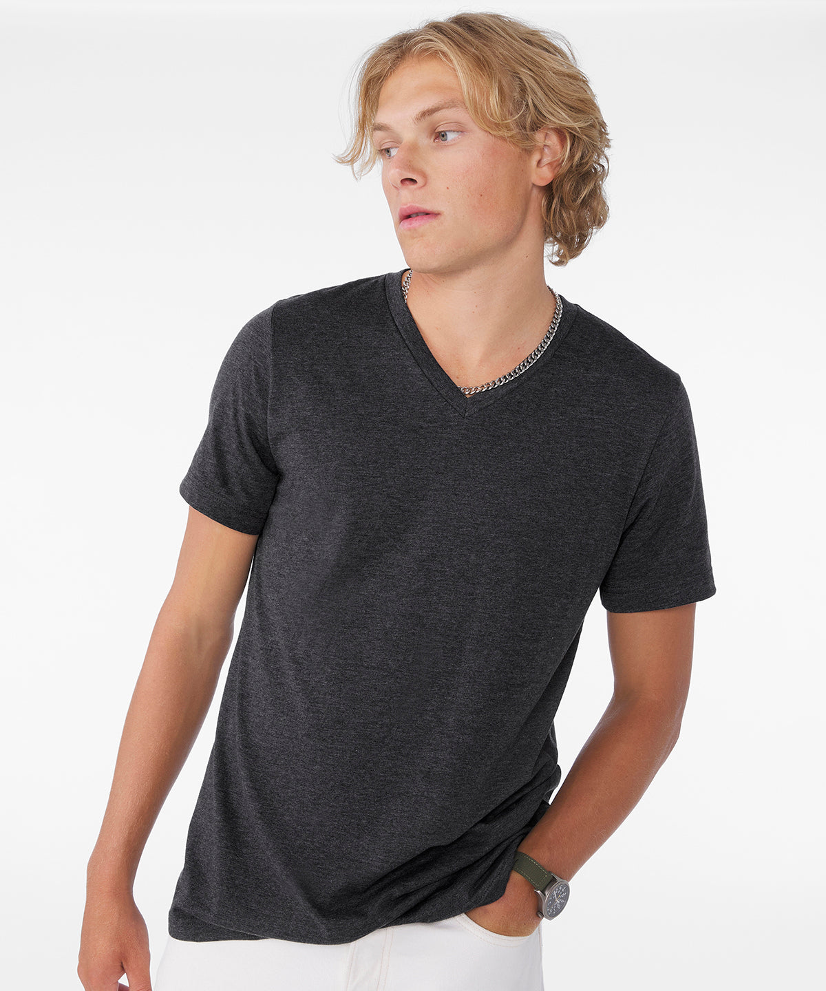 Tryck din logga på T-shirts från Bella Canvas - Anpassa Unisex CVC kortärmad t-shirt med v-hals i ljung i färgen för företag, föreningar och privatpersoner