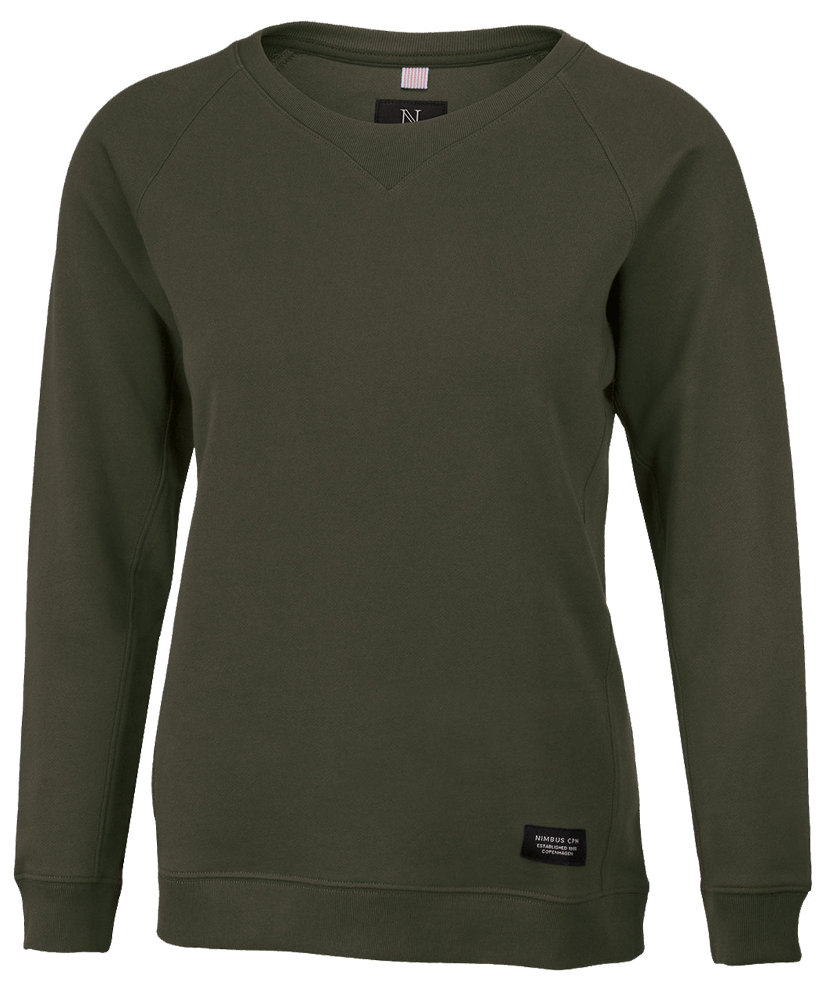 Tryck din logga på Sweatshirts från Nimbus - Anpassa Dam Newport lyxig lättvikts crewneck i färgen Oliv för företag, föreningar och privatpersoner