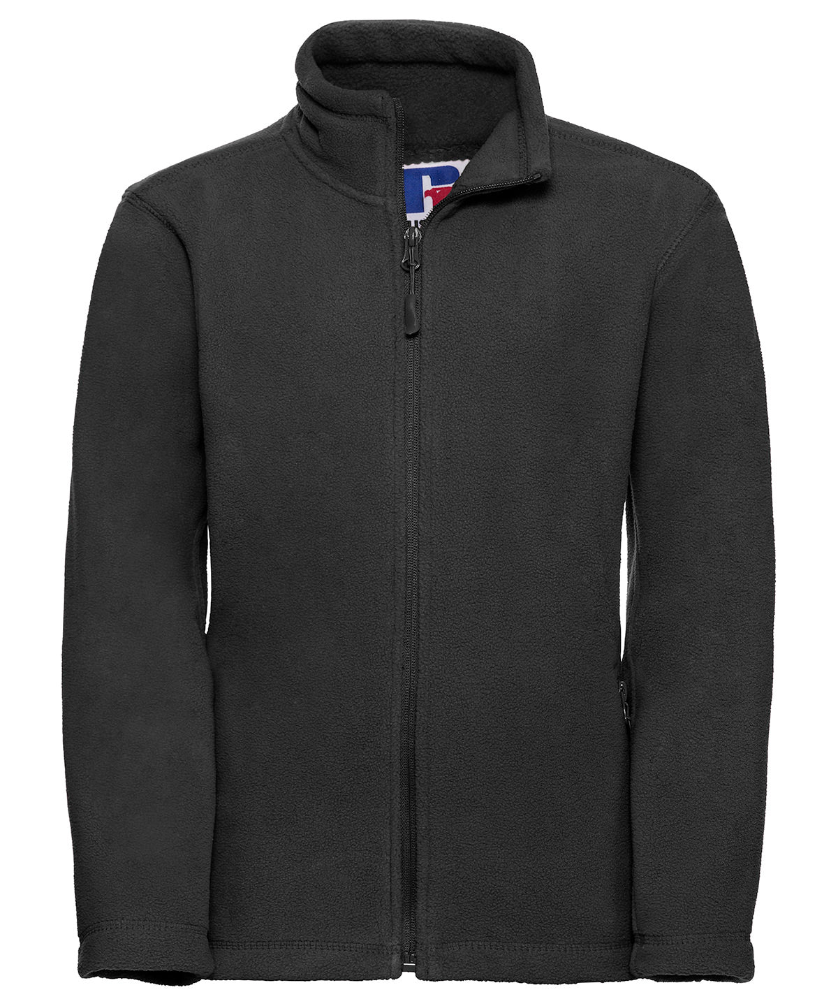 Tryck din logga på Fleece från Russell Europe - Anpassa (8700B) Outdoorfleece med full dragkedja för barn i färgen Svart för företag, föreningar och privatpersoner