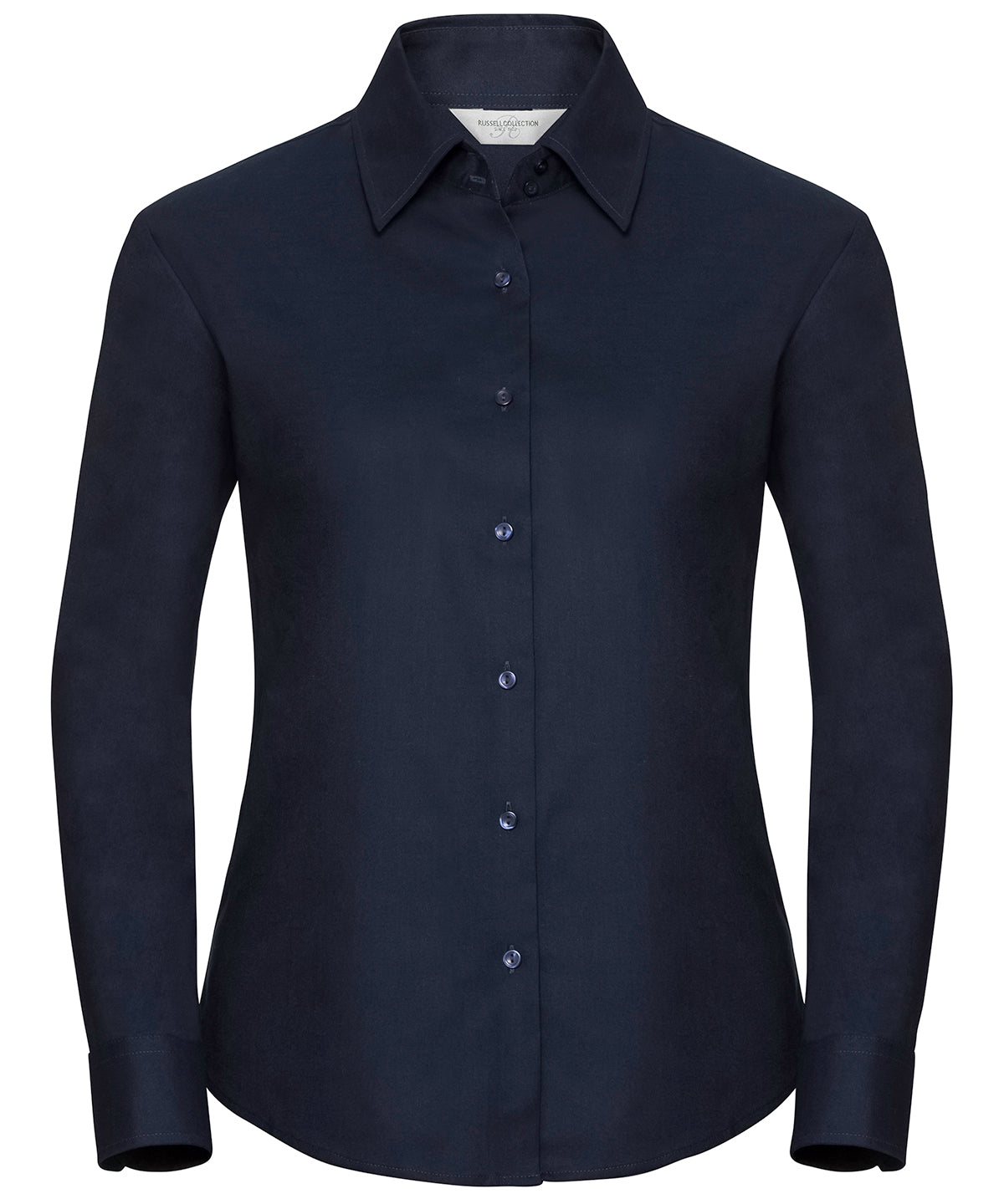 Tryck din logga på Skjortor från Russell Collection - Anpassa Långärmad easycare Oxfordskjorta för damer i färgen Marinblå för företag, föreningar och privatpersoner