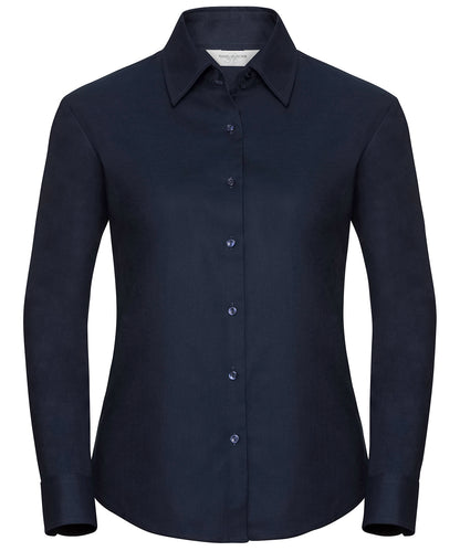 Tryck din logga på Skjortor från Russell Collection - Anpassa Långärmad easycare Oxfordskjorta för damer i färgen Marinblå för företag, föreningar och privatpersoner