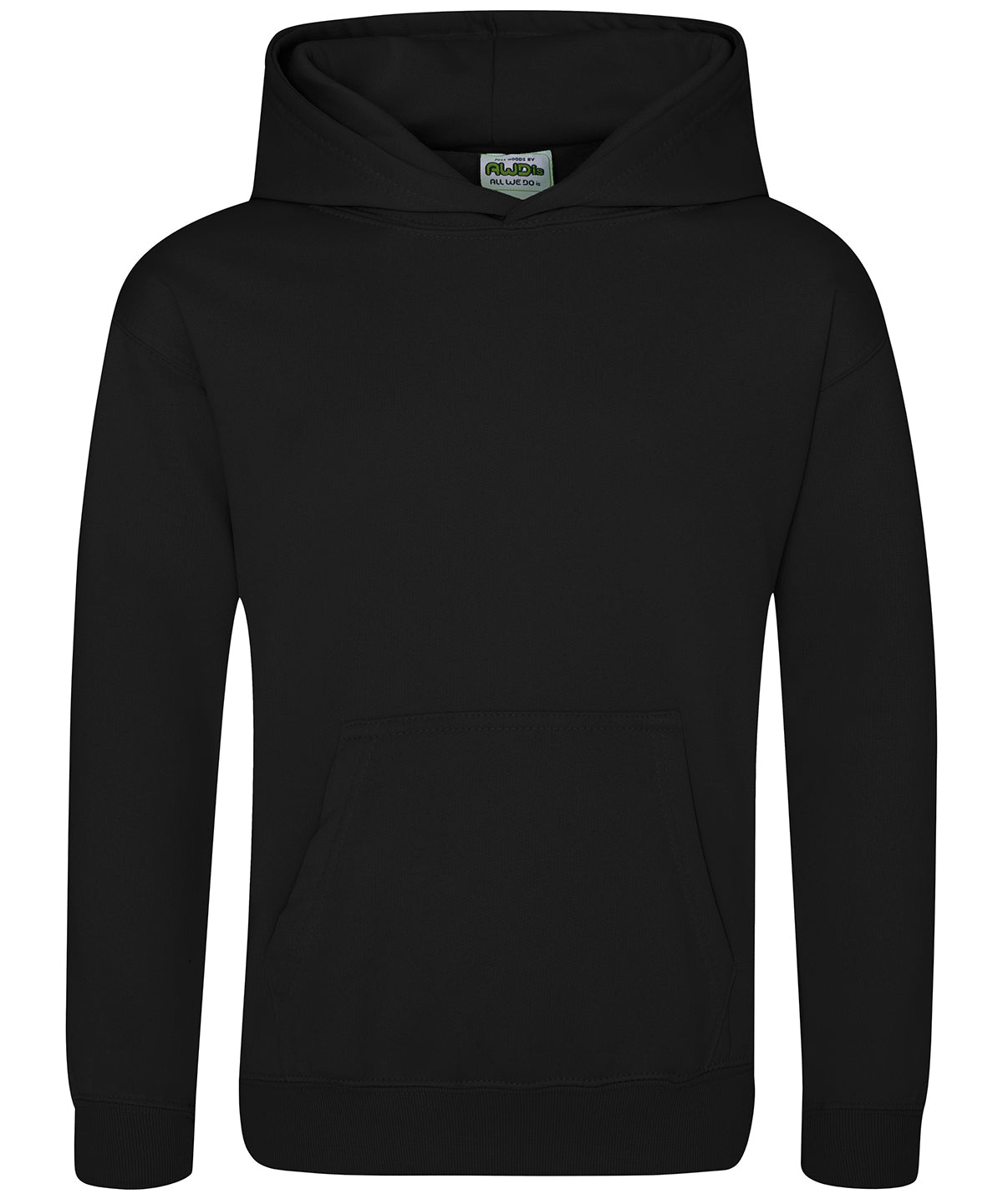 Tryck din logga på Hoodies från AWDis Just Hoods - Anpassa (JH06J) Sporthoodie i polyester för barn i färgen Svart för företag, föreningar och privatpersoner