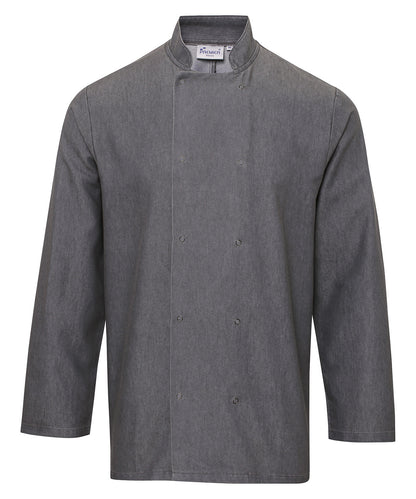 Tryck din logga på Kock Jackor från Premier - Anpassa Kockjacka i denim i färgen Mellangrå för företag, föreningar och privatpersoner