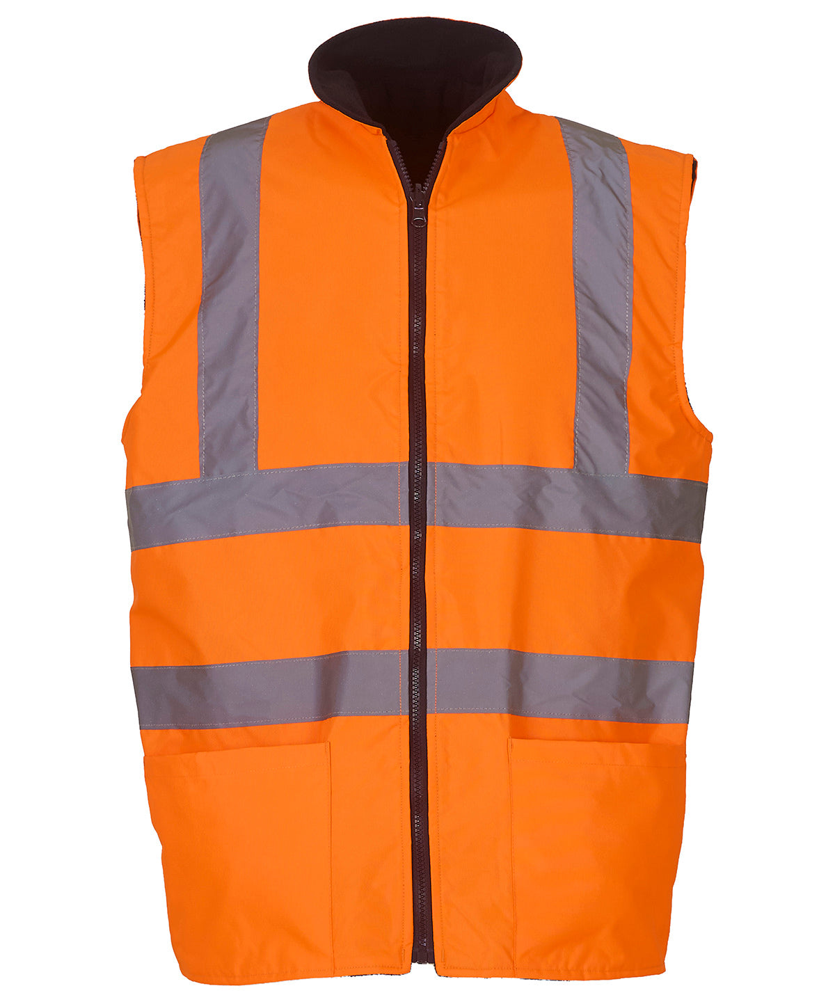 Tryck din logga på Termovästar från Yoko - Anpassa (YK041) Hi-vis vändbar fleece bodywarmer i färgen Mellan Orange för företag, föreningar och privatpersoner