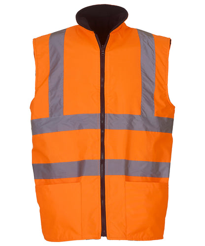 Tryck din logga på Termovästar från Yoko - Anpassa Hi-vis vändbar fleece bodywarmer i färgen Mellan Orange för företag, föreningar och privatpersoner