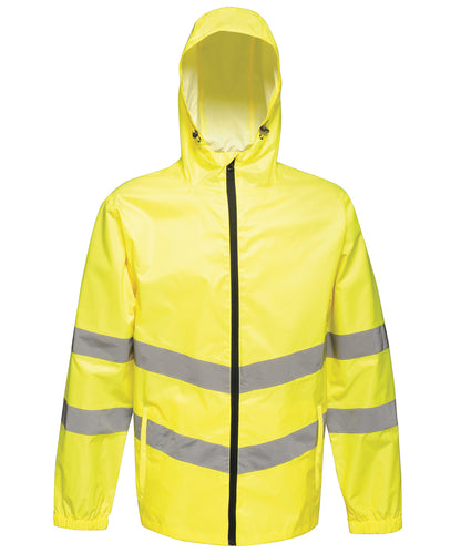 Tryck din logga på Jackor från Regatta High Visibility - Anpassa High-vis pro pack-away jacka i färgen Ljusgul för företag, föreningar och privatpersoner