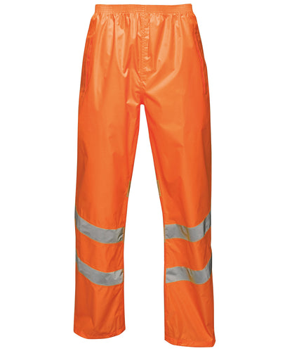 Tryck din logga på Byxor från Regatta High Visibility - Anpassa Hi-vis pro pack-away byxa i färgen Neon orange för företag, föreningar och privatpersoner