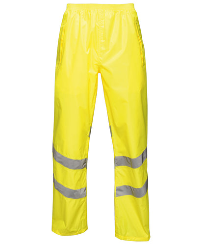 Tryck din logga på Byxor från Regatta High Visibility - Anpassa Hi-vis pro pack-away byxa i färgen Neon gul för företag, föreningar och privatpersoner