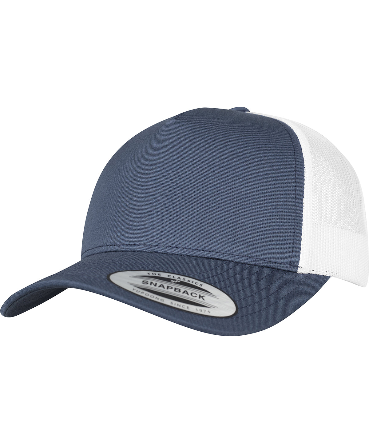 Tryck din logga på Kepsar från Flexfit by Yupoong - Anpassa (YP125) 5-panel retro trucker 2-tone keps i färgen Marinblå One Size för företag, föreningar och privatpersoner