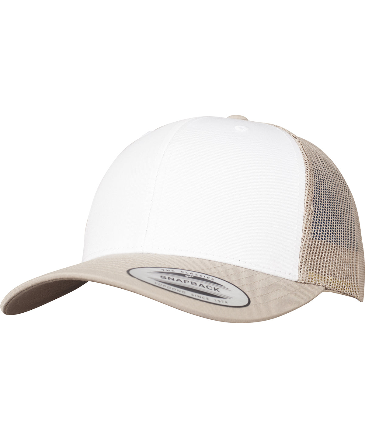 Tryck din logga på Kepsar från Flexfit by Yupoong - Anpassa (YP129) Retro trucker med färgad framsida i färgen Khaki One Size för företag, föreningar och privatpersoner