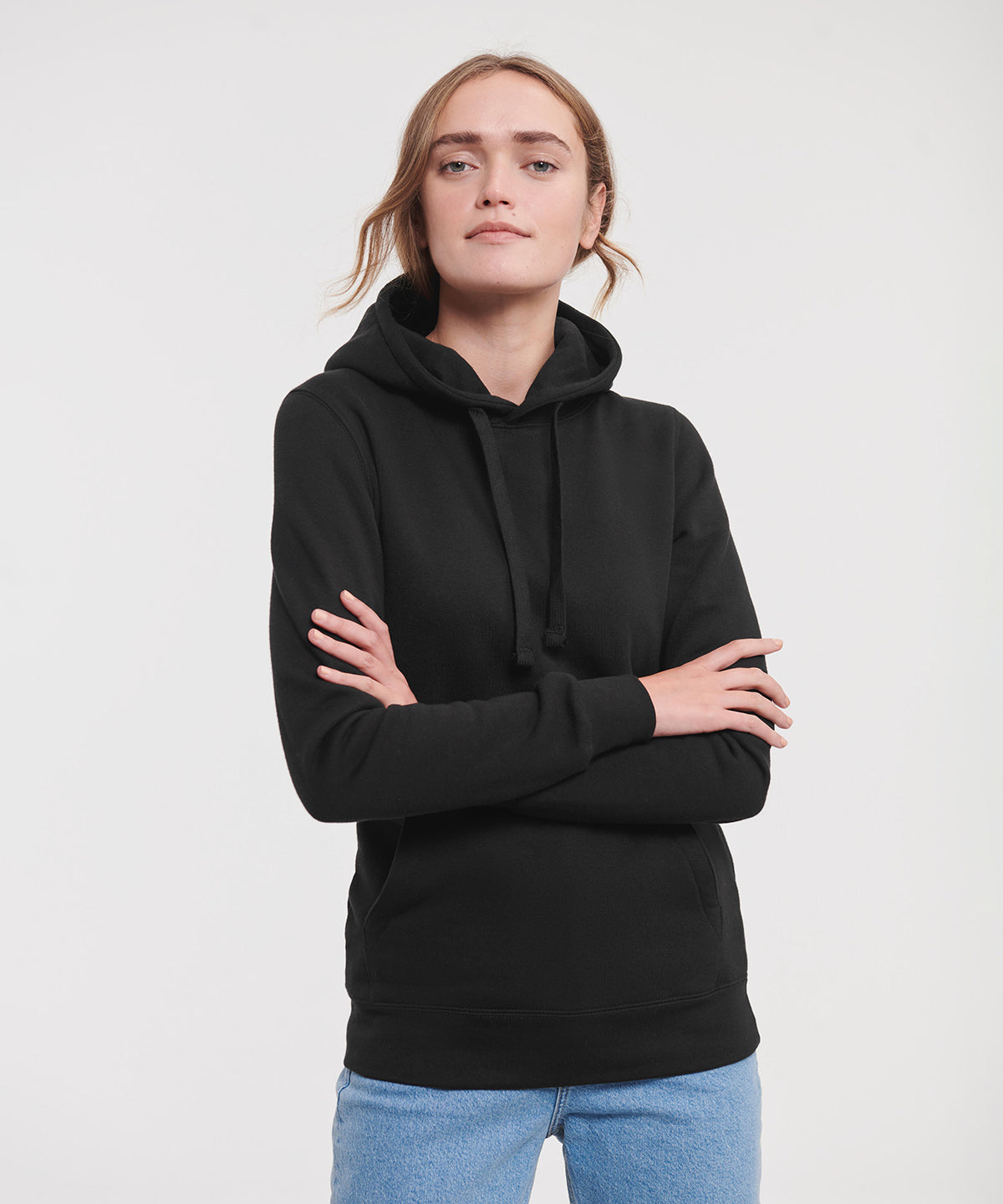 Tryck din logga på Hoodies från Russell Europe - Anpassa (J265F) Äkta sweatshirt med huva för damer i färgen för företag, föreningar och privatpersoner