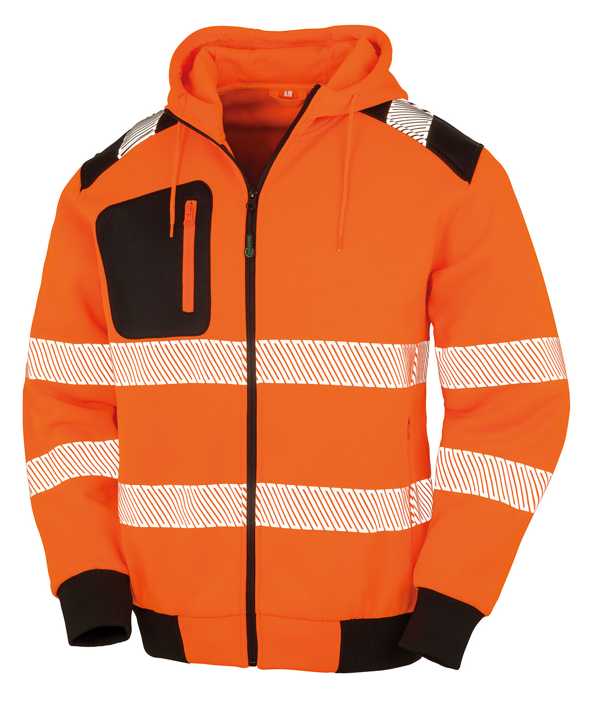 Tryck din logga på Hoodies från Result Genuine Recycled - Anpassa (R503X) Återvunnen robust säkerhetströja med dragkedja i färgen Neon orange för företag, föreningar och privatpersoner