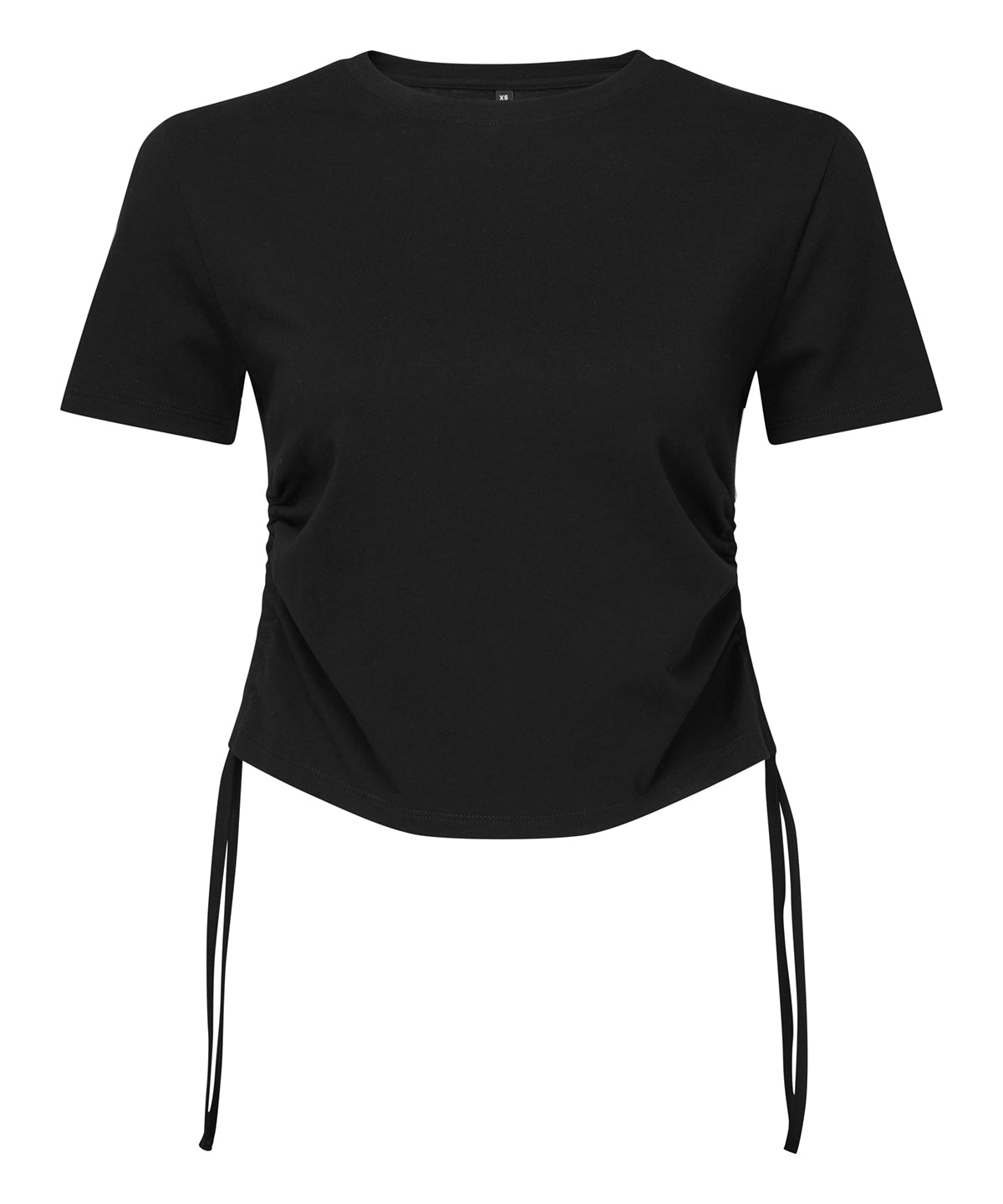 Tryck din logga på T-shirts från TriDri - Anpassa (TR069) Dam TriDri ruched crop top i färgen Svart för företag, föreningar och privatpersoner