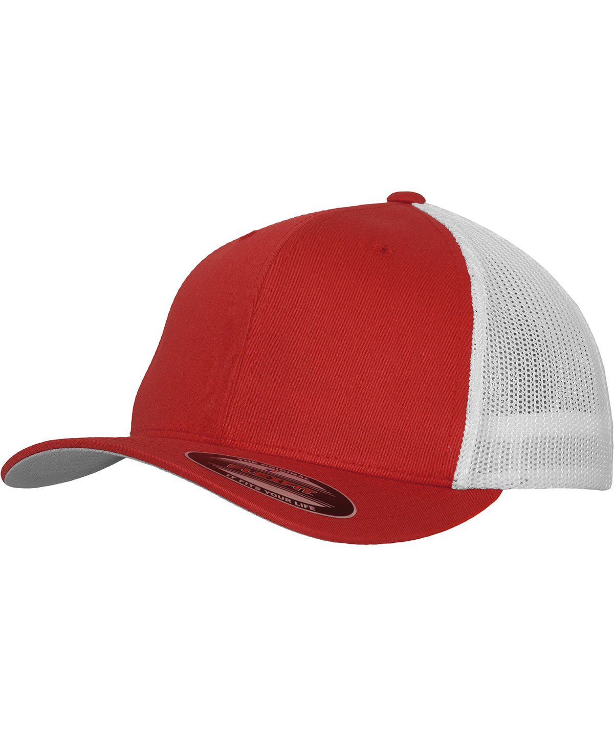 Tryck din logga på Kepsar från Flexfit by Yupoong - Anpassa (YP232) Flexfit trucker mesh 2-tone i färgen Mellan röd One Size för företag, föreningar och privatpersoner